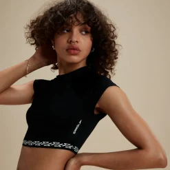 Flu3nte Solid Short Sleeve Logo Elastic Crop Top-Speedo Fashion